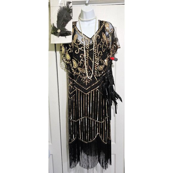 Roaring 20s Flapper Costume Great Gatsby Dress Shawl Gloves Feathers Pearl Gold - Picture 1 of 13
